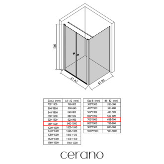 CERANO - Sprchovací kút Antelo L - Ľ/P - 6 mm - čierna matná, transparentné sklo - 96x70 cm - otočný