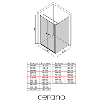 CERANO - Sprchovací kút Antelo L - Ľ/P - 6 mm - čierna matná, transparentné sklo - 96x80 cm - otočný
