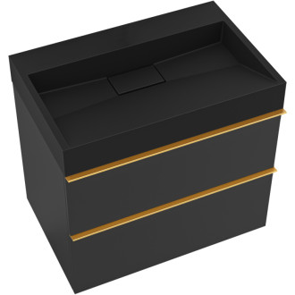 CERANO - Kúpeľňová skrinka Velora - čierna matná - úchytka zlatá + umývadlo z liateho mramoru Vita - čierna - 70x53x46 cm