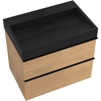 CERANO - Kúpeľňová skrinka Velora - dub medový - úchytka čierna + umývadlo z liateho mramoru Vita - čierna - 70x53x46 cm