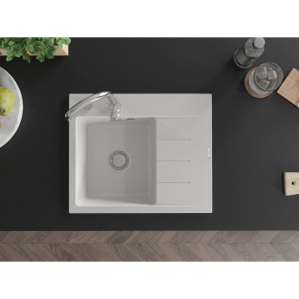 Jednodrezový žulový drez Mexen Ben s odkvapkávačom, ľavý, 600 x 500 mm, biely, chrómovaný sifón - 6522605000-20