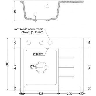 Jednodrezový žulový drez Mexen Ben s odkvapkávačom, ľavý, 600 x 500 mm, biely, chrómovaný sifón - 6522605000-20