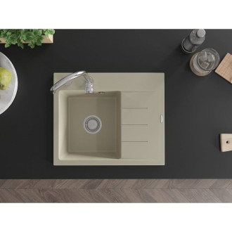 Jednodrezový žulový drez Mexen Ben s odkvapkávačom, ľavý, 600 x 500 mm, béžový, chrómovaný sifón - 6522605000-69