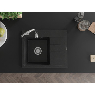 Jednodrezový žulový drez Mexen Ben s odkvapkávačom, ľavý, 600 x 500 mm, čierna/strieborná metalíza, chrómovaný sifón - 6522605000-73