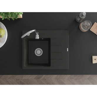 Jednodrezový žulový drez Mexen Ben s odkvapkávačom, ľavý, 600 x 500 mm, čierna/zlatá metalíza, chrómovaný sifón - 6522605000-75