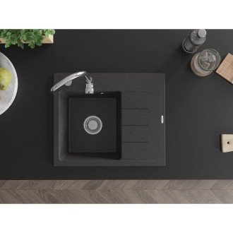 Jednodrezový žulový drez Mexen Ben s odkvapkávačom, ľavý, 600 x 500 mm, bodkovaná čierna, chrómovaný sifón - 6522605000-76