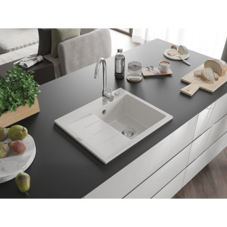 Jednodrezový žulový drez Mexen Ben s odkvapkávačom, pravý, 600 x 500 mm, biely, chrómovaný sifón - 6523605000-20