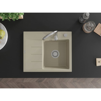 Jednodrezový žulový drez Mexen Ben s odkvapkávačom, pravý, 600 x 500 mm, béžový, chrómovaný sifón - 6523605000-69