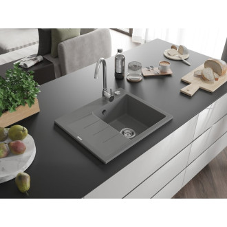 Jednodrezový žulový drez Mexen Ben s odkvapkávačom, pravý, 600 x 500 mm, sivý, chrómovaný sifón - 6523605000-71