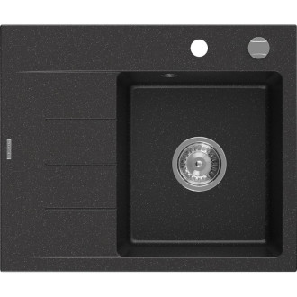 Jednodrezový žulový drez Mexen Ben s odkvapkávačom, pravý, 600 x 500 mm, čierna/strieborná metalíza, chrómovaný sifón - 6523605000-73