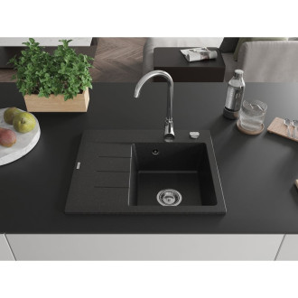 Jednodrezový žulový drez Mexen Ben s odkvapkávačom, pravý, 600 x 500 mm, čierna/strieborná metalíza, chrómovaný sifón - 6523605000-73