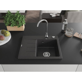 Jednodrezový žulový drez Mexen Ben s odkvapkávačom, pravý, 600 x 500 mm, bodkovaná čierna, chrómovaný sifón - 6523605000-76