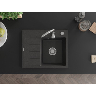 Jednodrezový žulový drez Mexen Ben s odkvapkávačom, pravý, 600 x 500 mm, bodkovaná čierna, chrómovaný sifón - 6523605000-76