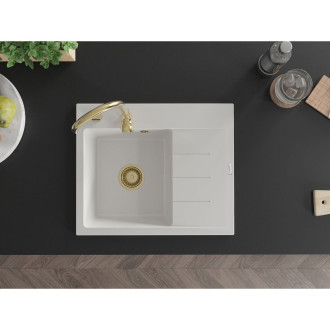 Jednodrezový žulový drez Mexen Ben s odkvapkávačom, ľavý, 600 x 500 mm, biely, zlatý sifón - 6522605000-20-G