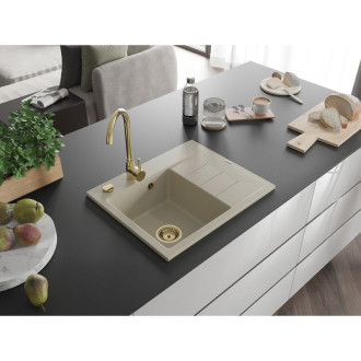 Jednodrezový žulový drez Mexen Ben s odkvapkávačom, ľavý, 600 x 500 mm, béžový, zlatý sifón - 6522605000-69-G