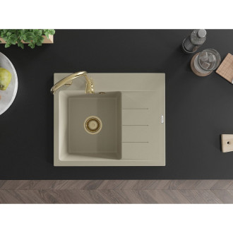 Jednodrezový žulový drez Mexen Ben s odkvapkávačom, ľavý, 600 x 500 mm, béžový, zlatý sifón - 6522605000-69-G