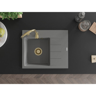 Jednodrezový žulový drez Mexen Ben s odkvapkávačom, ľavý, 600 x 500 mm, sivý, zlatý sifón - 6522605000-71-G