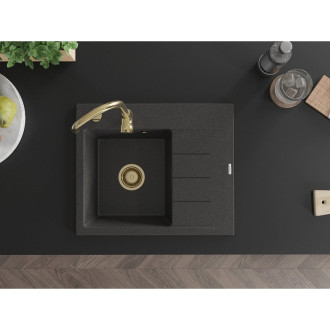 Jednodrezový žulový drez Mexen Ben s odkvapkávačom, ľavý, 600 x 500 mm, čierna bodka, zlatý sifón - 6522605000-76-G