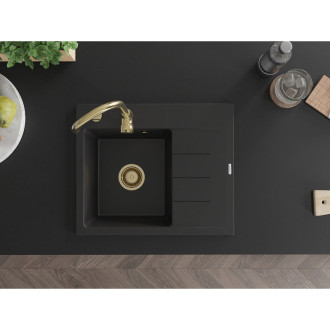 Jednodrezový žulový drez Mexen Ben s odkvapkávačom, ľavý, 600 x 500 mm, čierny, zlatý sifón - 6522605000-77-G