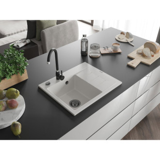 Jednodrezový žulový drez Mexen Ben s odkvapkávačom, ľavý, 600 x 500 mm, biely, čierny sifón - 6522605000-20-B