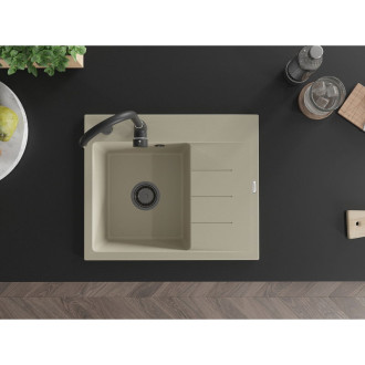 Jednodrezový žulový drez Mexen Ben s odkvapkávačom, ľavý, 600 x 500 mm, béžový, čierny sifón - 6522605000-69-B