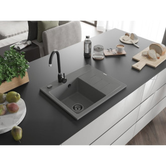 Jednodrezový žulový drez Mexen Ben s odkvapkávačom, ľavý, 600 x 500 mm, sivý, čierny sifón - 6522605000-71-B