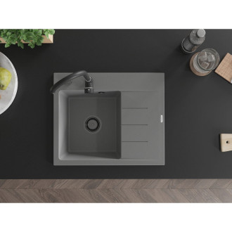 Jednodrezový žulový drez Mexen Ben s odkvapkávačom, ľavý, 600 x 500 mm, sivý, čierny sifón - 6522605000-71-B