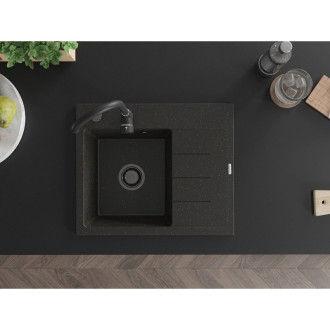 Jednodrezový žulový drez Mexen Ben s odkvapkávačom, ľavý, 600 x 500 mm, čierna/zlatá metalíza, čierny sifón - 6522605000-75-B