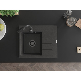 Jednodrezový žulový drez Mexen Ben s odkvapkávačom, ľavý, 600 x 500 mm, bodkovaná čierna, čierny sifón - 6522605000-76-B