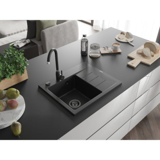 Jednodrezový žulový drez Mexen Ben s odkvapkávačom, ľavý, 600 x 500 mm, čierny, čierny sifón - 6522605000-77-B