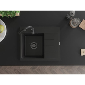 Jednodrezový žulový drez Mexen Ben s odkvapkávačom, ľavý, 600 x 500 mm, čierny, čierny sifón - 6522605000-77-B