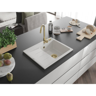 Jednodrezový žulový drez Mexen Ben s odkvapkávačom, pravý, 600 x 500 mm, biely, zlatý sifón - 6523605000-20-G