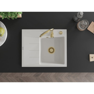 Jednodrezový žulový drez Mexen Ben s odkvapkávačom, pravý, 600 x 500 mm, biely, zlatý sifón - 6523605000-20-G