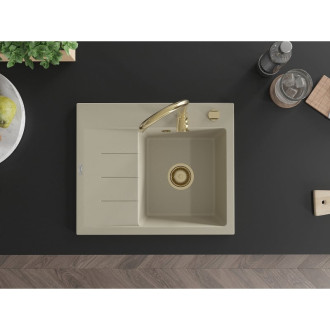 Jednodrezový žulový drez Mexen Ben s odkvapkávačom, pravý, 600 x 500 mm, béžový, zlatý sifón - 6523605000-69-G