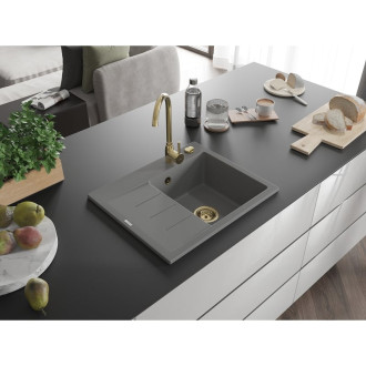 Jednodrezový žulový drez Mexen Ben s odkvapkávačom, pravý, 600 x 500 mm, sivý, zlatý sifón - 6523605000-71-G