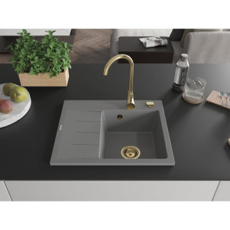 Jednodrezový žulový drez Mexen Ben s odkvapkávačom, pravý, 600 x 500 mm, sivý, zlatý sifón - 6523605000-71-G