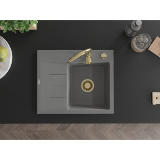 Jednodrezový žulový drez Mexen Ben s odkvapkávačom, pravý, 600 x 500 mm, sivý, zlatý sifón - 6523605000-71-G