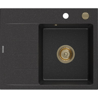Jednodrezový žulový drez Mexen Ben s odkvapkávačom, pravý, 600 x 500 mm, čierna/strieborná metalíza, zlatý sifón - 6523605000-73-G