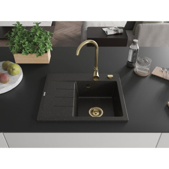 Jednodrezový žulový drez Mexen Ben s odkvapkávačom, pravý, 600 x 500 mm, čierna/zlatá metalíza, zlatý sifón - 6523605000-75-G