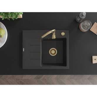 Jednodrezový žulový drez Mexen Ben s odkvapkávačom, pravý, 600 x 500 mm, čierna bodka, zlatý sifón - 6523605000-76-G