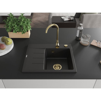 Jednodrezový žulový drez Mexen Ben s odkvapkávačom, pravý, 600 x 500 mm, čierny, zlatý sifón - 6523605000-77-G