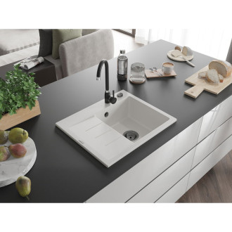 Jednodrezový žulový drez Mexen Ben s odkvapkávačom, pravý, 600 x 500 mm, biely, čierny sifón - 6523605000-20-B