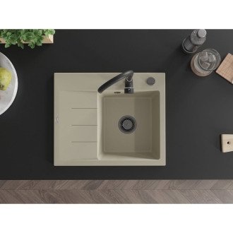 Jednodrezový žulový drez Mexen Ben s odkvapkávačom, pravý, 600 x 500 mm, béžový, čierny sifón - 6523605000-69-B