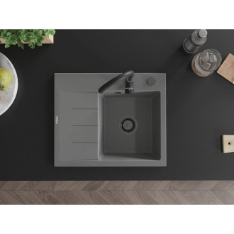 Jednodrezový žulový drez Mexen Ben s odkvapkávačom, pravý, 600 x 500 mm, sivý, čierny sifón - 6523605000-71-B