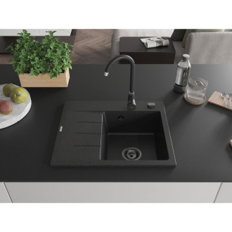 Jednodrezový žulový drez Mexen Ben s odkvapkávačom, pravý, 600 x 500 mm, čierna/strieborná metalíza, čierny sifón - 6523605000-73-B