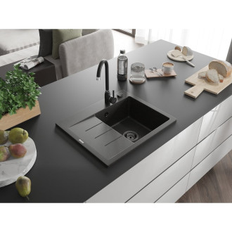 Jednodrezový žulový drez Mexen Ben s odkvapkávačom, pravý, 600 x 500 mm, čierna/zlatá metalíza, čierny sifón - 6523605000-75-B