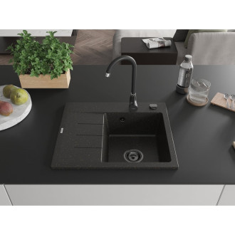 Jednodrezový žulový drez Mexen Ben s odkvapkávačom, pravý, 600 x 500 mm, čierna/zlatá metalíza, čierny sifón - 6523605000-75-B