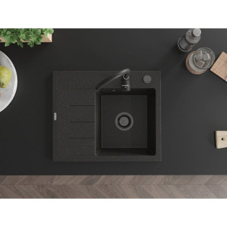 Jednodrezový žulový drez Mexen Ben s odkvapkávačom, pravý, 600 x 500 mm, čierna/zlatá metalíza, čierny sifón - 6523605000-75-B