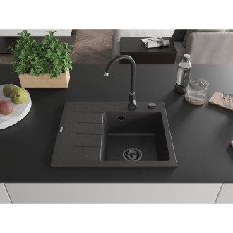 Jednodrezový žulový drez Mexen Ben s odkvapkávačom, pravý, 600 x 500 mm, bodkovaný čierna, čierny sifón - 6523605000-76-B