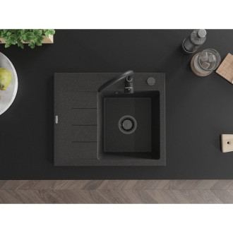 Jednodrezový žulový drez Mexen Ben s odkvapkávačom, pravý, 600 x 500 mm, bodkovaný čierna, čierny sifón - 6523605000-76-B